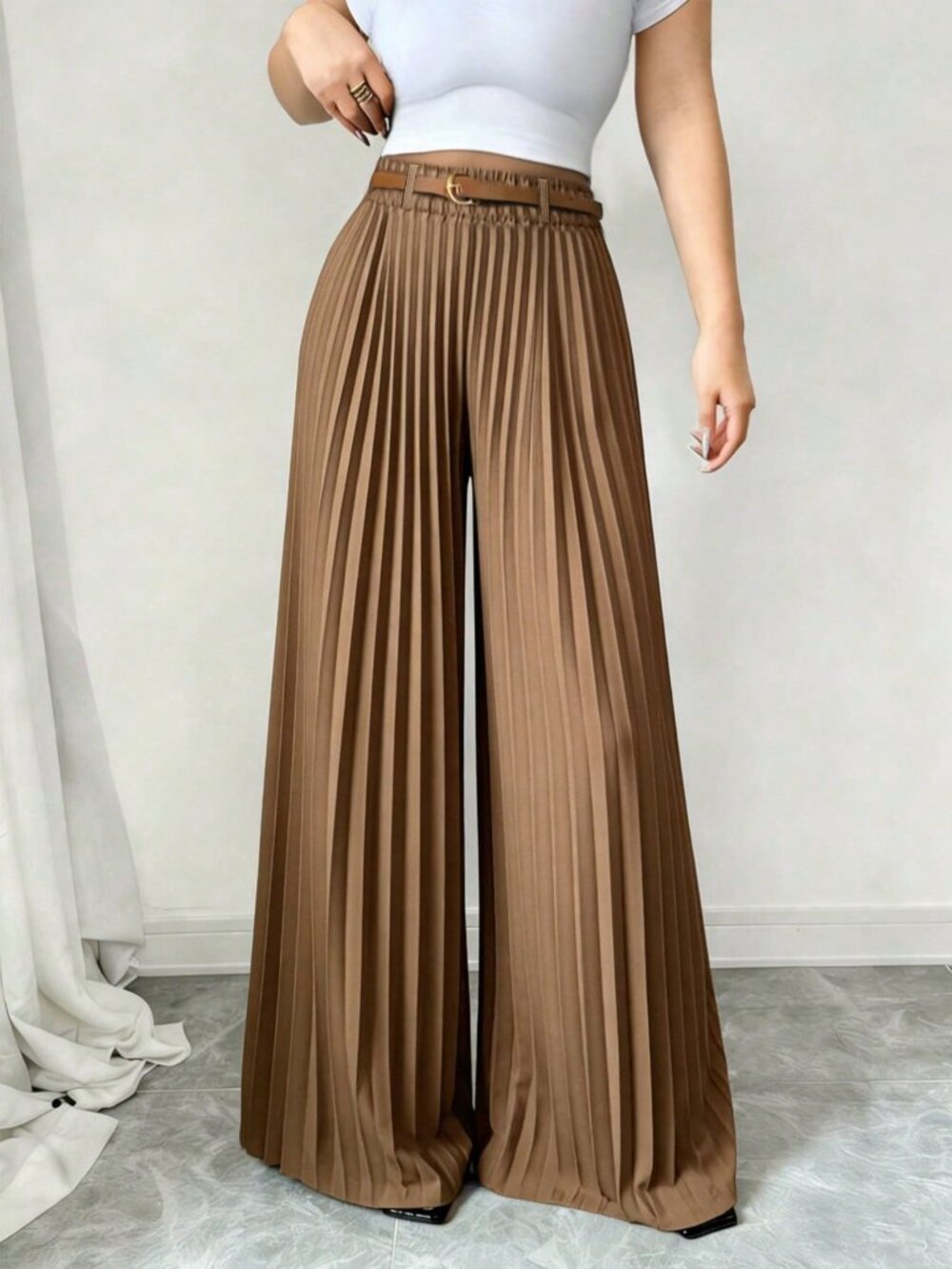 Brown Elegant Women's Elastic Waist Pleated Wide Leg Pants - Picture 2 of 6